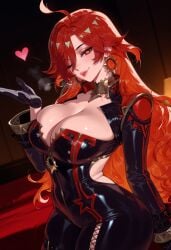 1girls ahoge ai_generated balecxi bangs bare_shoulders black_bodysuit black_gloves blowing_kiss blush bodysuit breasts choker cleavage clothing clothing_cutout covered_navel curvaceous curvaceous_female curvaceous_figure curvy curvy_figure earrings female female_focus female_only genshin_impact gloves heart hoyoverse inviting inviting_to_sex jewelry large_breasts lips long_hair long_sleeves looking_at_viewer mavuika_(genshin_impact) navel one_eye_closed orange_eyes presenting presenting_breasts presenting_self red_eyes red_hair seductive seductive_look seductive_smile skin_tight smile solo thighs tongue tongue_out very_long_hair voluptuous voluptuous_female zipper zipper_pull_tab