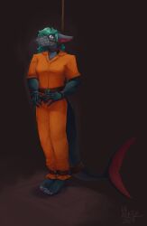 absurd_res bodily_fluids bondage bondage bound clothed clothing crying fish hi_res imminent_death jumpsuit lil_beetle male marine restraints rope rope_bondage shark solo solo_focus tears