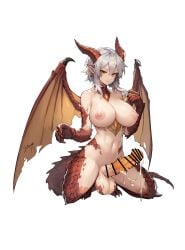 animal_humanoid balls big_breasts bodily_fluids breasts censor_bar claws cum cum_drip cum_on_own_penis cum_on_penis cum_on_self dragon dragon_humanoid dripping erect_nipples erection genital_fluids genitals gynomorph hair hi_res horn humanoid intersex looking_at_viewer membrane_(anatomy) membranous_wings mythological_creature mythological_scalie mythology nipples orange_penis penile_spines penis pointy_ears red_body red_horn red_scales scales scalie scuted_arms scutes solo stmaster tail_spines white_hair wings yellow_eyes