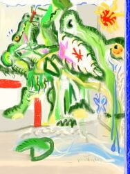 3:4 abstract_art absurd_res alligator alligatorid anthro arthropod butterfly cagorical cigar crocodilian hi_res insects lepidopteran lily_pad male male/male plant psychedelic reptile scalie smoke solo