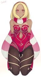 bare_shoulders blonde_female blonde_hair blush blush blush_lines darahan female female_focus female_only gold_(metal) gold_jewelry gravity_rush kat_(gravity_rush) kneeling looking_at_viewer navel_line smile smiling smiling_at_viewer tanned tanned_female tanned_skin thick_thighs thighs tights