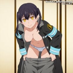 ai_generated black_hair breasts cameltoe en'en_no_shouboutai enen_no_shouboutai fire_force inoriai kotatsu_tamaki nipples twintails undressing white_panties yellow_eyes