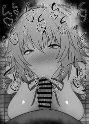 1boy 1girls :>= big_penis black_and_white blush breasts censored dark-skinned_male dark_skin detailed_background drooling eyelashes fate/grand_order fate_(series) fellatio female heart human indoor inside interracial jeanne_d'arc_(fate) kurotama looking_at_viewer male male_pov metatron_jeanne_(fate) oral oral_sex penis ribbon room saliva shiny shiny_skin short_hair sketch sound_effects squatting sweat text type-moon vein veins veiny veiny_penis