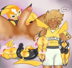 clothing cosplay_pikachu_(costume) feral generation_1_pokemon group heardnoevil hi_res human interspecies male male/male mammal nintendo pikachu pikachu_libre pikachu_pop_star pokemon pokemon_(species) pokephilia realistic_feral size_difference trio