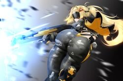 1girls ass big_ass blonde_hair bubble_butt clothing dat_ass fat_ass female female_only gun huge_ass large_ass looking_back mhaknow rifle sniper soldier solo thick_ass thick_thighs trigger_(zenless_zone_zero) visor weapon wide_hips zenless_zone_zero