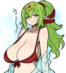 bedroom_eyes bikini breasts female fire_emblem fire_emblem_awakening fire_emblem_heroes full_cleavage green_eyes green_hair hair_ornament huge_breasts kara_age long_breasts long_hair looking_at_viewer manakete pointy_ears ponytail sagging_breasts smile smiling solo swimsuit tiki_(adult)_(fire_emblem) tiki_(adult)_(summer)_(fire_emblem) tiki_(fire_emblem)