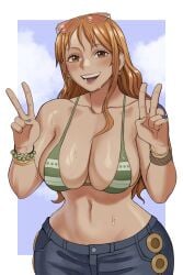 1girls big_breasts blush blushing_at_viewer breasts clothing curvaceous curvy curvy_female female female_focus female_only gud0c hi_res highres huge_breasts jeans large_breasts light-skinned_female light_skin long_hair looking_at_viewer nami_(one_piece) one_piece slim_waist smile smiling smiling_at_viewer solo solo_focus striped_bikini thick_thighs thighs wide_hips