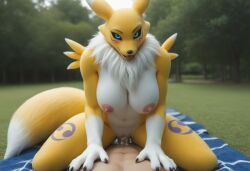 ai_generated anthro anthro_on_human anthropomorphic beautiful big_breasts blue_eyes breasts cowgirl_position coy cum_in_pussy cum_inside cumming cumshot digimon female fluffy_tail fox fox_girl fucking fur furry impregnated in_heat intercourse interspecies looking_at_viewer on_top orgasm renamon renamon_(digimon) riding_penis seductive seductive_look seductive_smile sex sexy sexy_body sexy_pose tits_out tounge_out wet_pussy