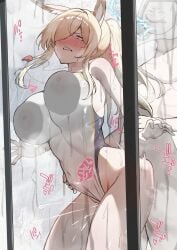 1boy absurdres against_glass animal_ear_fluff animal_ears bare_arms bare_shoulders blonde_hair blue_archive blue_eyes blush breast_press breasts_on_glass clenched_teeth clothed_female_nude_male completely_nude covered_navel covered_nipples dog_ears dog_girl doodle_sensei_(blue_archive) female hair_over_one_eye highres holding_another's_wrists kanna_(blue_archive) kanna_(swimsuit)_(blue_archive) long_hair nude official_alternate_costume official_alternate_hairstyle one-piece_swimsuit ponytail sensei_(blue_archive) sex sex_from_behind sharp_teeth sidelocks skysign_ft sweatdrop swimsuit teeth white_one-piece_swimsuit
