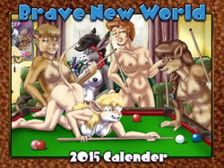 2015 barely_visible_genetalia billiard_table casual_nudity debra_diaz donkey equine ermine eyewear feline female glasses group holding_object inside interspecies leona_pryde lion mammal mouse mustelid nipples penny_pound pubes pubic_hair rodent sally_cooper style_wager