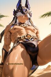1boy ai_generated bulge bulge_focus cyno_(genshin_impact) gay genshin_impact goldenfieldszho male male_focus male_only muscular muscular_male pubic_hair thick_thighs thighs yaoi