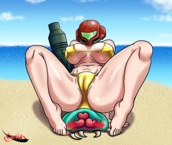 arm_cannon beach bikini breasts cameltoe crotch female golden_bikini helmet helmet_with_visor large_ass large_breasts metroid metroid_(creature) raven07 samus_aran sitting sitting_on_person