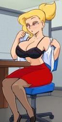barely_working big_breasts candace_(barely_working) dpmaker huge_breasts milf office_lady removing_clothing removing_shirt thighhighs undressing workplace