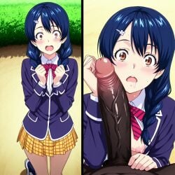 ai_generated big_penis blue_hair brown_eyes dark-skinned_male dark_blue_hair dark_penis drooling forearm_cock fully_clothed horny_female imminent_oral imminent_sex interracial male penis_awe school_uniform schoolgirl shocked_expression shokugeki_no_souma small_breasts surprised surprised_expression tadokoro_megumi