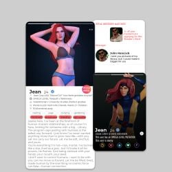 breeding_request dating_app dating_profile dating_site jean_grey marvel mutant_(marvel) phone_screen profile_picture profile_view selfie shodanarshie text_message