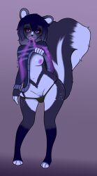 2025 absurd_res anthro aphrodisiac aphrodisiac_breath aphrodisiac_gas artist_name ass big_butt black_clothing black_panties black_sclera black_underwear blush body_blush bottomwear breasts clothed clothing clothing_lift digital_media_(artwork) dipstick_tail exhaling_smoke eyeshadow female female/female freckles front_view fur genitals grin hair hi_res looking_at_viewer makeup mammal markings mephitid nipples panties pattern_clothing pattern_sweater pattern_topwear pink_eyes pink_smoke pulled_down_panties purple_body purple_smoke riverroo skunk slightly_chubby slightly_chubby_female smile smoke smoke_from_mouth solo standing striped_clothing striped_sweater striped_topwear stripes sweater sweater_lift tail tail_markings text topwear underwear violet_(riverroo) vulva vulva_blush wide_hipped_female wide_hips