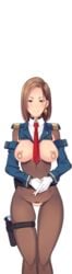 areolae belt blush breastless breasts breasts_out brown_eyes brown_hair butcha-u casual crotchless earrings exposed female functionally_nude game_cg gloves hands_together holster inverted_nipples kenzen!_hentai_seikatsu_no_susume large_breasts legs looking_at_viewer matching_hair/eyes mostly_clothed mound_of_venus necktie necktie_between_breasts nipple_piercing no_panties nude original piercing short_hair simple_background skin_tight smile solo standing thighs transparent_background uniform white_gloves yokoyama_miho