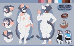 anthro areola ass balls black_sclera blue_eyes blue_hair blush breasts bucket clothing collar container domestic_cat erection fangs felid feline felis female folded_ears futanari genitals grey_hair gynomorph hair hybrid intersex kindreddemon mammal model_sheet mouse murid murine nazalia nipples pawpads penis pupils rodent sharp_teeth slightly_chubby slightly_chubby_female slit_pupils solo teeth white_body