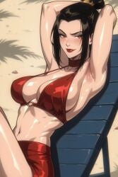 ai_generated armpits avatar_legends avatar_the_last_airbender azula beach bikini black_hair blush breasts chaise_lounge choker dark_hair faprunner78 hair_accessory hands_up lipstick looking_at_viewer medium_breasts natural_breasts nickelodeon nicktoons oiled oiled_body oiled_breasts oiled_skin outdoors red_bikini red_eyes red_lipstick sea sitting sitting_on_chair slim_girl slim_waist sunbathing sunny teenage_girl teenager thighs tied_hair waist