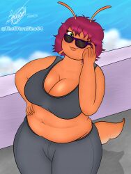 2025 belly belly_button big_ass big_breasts chubby chubby_female fit_female freckles glasses green_eyes necklace oc original_character pants slug slug_girl slug_humanoid sunglasses theultradino64