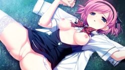 1boy arms_up black_bow black_hairband blue_dress blue_eyes blush bow bowtie breasts breasts_out censored clothes_lift collared_shirt dress dutch_angle female frilled_bow frills fumio_(ura_fmo) game_cg garter_straps grass grisaia_(series) grisaia_no_kajitsu hairband hairbow half-closed_eyes highres holding_hands interlocked_fingers kazami_yuuji komine_sachi lace-trimmed_legwear lace_trim looking_at_another looking_at_viewer lying male medium_breasts mihama_private_academy_school_uniform moonlight mosaic_censoring narrowed_eyes night nipples no_panties non-web_source on_back on_grass out_of_frame outdoors parted_bangs parted_lips partially_unbuttoned partially_undressed pink_hair plaid_bow plaid_bowtie plaid_clothes pov pussy pussy_juice raised_inner_eyebrows sailor_collar school_uniform shirt shirt_under_dress short_hair short_sleeves sidelocks skirt skirt_lift sleeveless sleeveless_dress solo_focus sparkling_eyes spread_legs swept_bangs thick_eyelashes thighhighs thighs two_side_up unworn_shirt white_sailor_collar white_shirt white_thighhighs