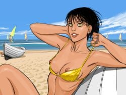 au_(artist) beach bikini_top black_hair boli-blog breasts breasts_out erect_nipples female gold_bikini natalia_(au) nipples public_nudity