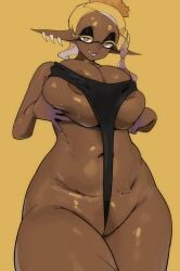1girls areolae big_breasts bikini black_bikini breasts cleavage covered_nipples fat female frye_(splatoon) huge_breasts ink inkling inkling_girl large_breasts looking_at_viewer navel nintendo open_mouth pointy_ears simple_background sling_bikini solo splatoon splatoon_3 tentacle_hair thick_thighs thighs yellow_background yuta_agc