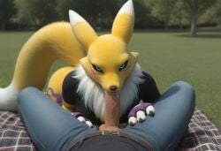 ai_generated anthro anthro_female anthro_on_human anthropomorphic big_breasts blowjob blue_eyes breasts claws cum_in_mouth cumming digimon digimon_(species) female female_anthro fox fox_girl fur furry furry_female handjob human_male_on_anthro_female inviting_to_sex looking_at_viewer male male_human/female_anthro renamon renamon_(digimon) seductive seductive_look tail