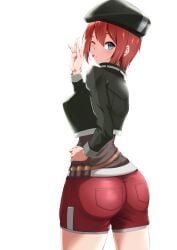1girls ass ass_focus big_ass brown_hair burique eiyuu_densetsu green_hat green_jacket hand_on_hip hat heart jacket kissing looking_at_viewer looking_back noel_seeker red_hair red_shorts shorts solo the_legend_of_heroes waving wink
