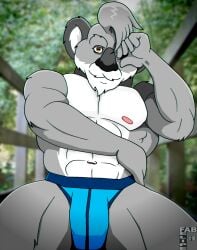 2018 5_fingers abs anthro black_nose blue_clothing blue_jockstrap blue_underwear brown_eyes bulge chin_tuft closed_smile clothed clothing digital_media_(artwork) fabfelipe facial_tuft fingers fur fur_tuft grey_body grey_fur grey_hair hair hi_res jockstrap jockstrap_only koala looking_at_viewer male mammal marsupial mouth_closed multicolored_body multicolored_fur muscular muscular_anthro muscular_male navel nipples smile solo topless topless_anthro topless_male tuft underwear underwear_only vombatiform white_body white_fur white_inner_ear