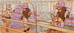 anthro assisted_exposure blush bodily_fluids bottomwear bottomwear_down brown_body brown_fur canid canine canis cantio_(lawyerdog) clothed clothing coyote dialogue duo english_text erection erection_under_clothing fur genitals hi_res humanoid_genitalia humanoid_penis lawyerdog male male/male male_anthro male_only mammal multicolored_body multicolored_fur pants pants_down pantsing partially_clothed penis profanity public public_exposure purple_body purple_fur small_penis smile speech_bubble sweat tail tail_motion tailwag tan_body tan_fur text url white_body white_fur wolf