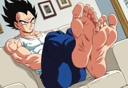age_difference ai_generated barefoot black_hair dragon_ball feet gay indoors kissing_feet living_room male male/male male_feet male_foot_fetish male_only muscular muscular_male purple_hair saiyan toes vegeta yaoi