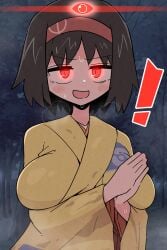 ! 1girls alpha_pokegirl alpha_pokemon black_hair breasts erika_(pokemon) female game_freak hands_together kurachi_mizuki large_breasts looking_at_viewer nintendo open_mouth pokemon pokemon_rgby red_eyes short_hair solo solo_female solo_focus sweat