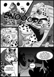 anthro big_breasts breasts clothing comic dialogue digital_media_(artwork) duo english_text ezukapizumu feline hair hyena invalid_tag mammal monochrome nipples pussy silver_(ezukapizumu) speech_bubble text