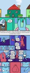 absurd_res andromorph animal_genitalia anthro balls blush blush_lines building comic dialogue dialogues embarrassed english_text erinthebat fully_sheathed genitals half-erect hi_res hiding_face house hunter_(rain_world) intersex lethal_company male penis rain_world rivulet_(rain_world) scar sheath slugcat tail text trans_(lore) trans_man_(lore) videocult