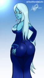 ass_bigger_than_head ass_focus back_view big_ass big_breasts big_butt blue_body blue_diamond_(steven_universe) blue_eyes breasts cartoon_network dress female fully_dressed sad sad_face steven_universe taller_female taller_girl theultradino64 thick_legs thick_lips white_hair