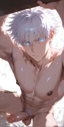 1boy ai_generated big_penis gay goldenfieldszho huge_cock jujutsu_kaisen male male_focus male_only muscular muscular_male penis pubic_hair satoru_gojo yaoi