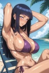 ai_generated armpits beach big_breasts bikini black_hair blush breasts chaise_lounge dark_hair faprunner78 hands_up hips huge_breasts hyuuga_hinata long_hair looking_at_viewer naruto natural_breasts oiled oiled_body oiled_breasts oiled_skin outdoors purple_bikini purple_eyes sea sitting sitting_on_chair slim_girl slim_waist smiling sunbathing sunny thighs waist