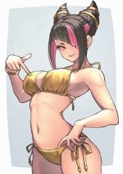 1girls ap_cammy arched_back asymmetrical_bangs bikini black_hair bracelet breasts colored_inner_hair cowboy_shot female gold_bikini golden_week green_nails grin hair_horns hair_over_one_eye inner_sideboob juri_han medium_breasts navel painted_nails pointing_at_self purple_eyes purple_hair side-tie_bikini solo standing street_fighter street_fighter_6 swimsuit two-tone_hair