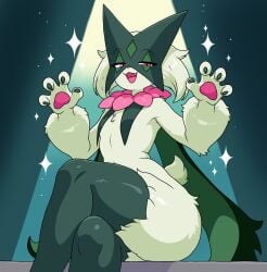 1ambiguous activeajames ambiguous_gender animal_hands animal_nose black_fur body_fur claw_pose claws crossed_legs fangs furry green_fur highres looking_at_viewer meowscarada other_focus pawpads pokemon pokemon_(creature) short_tail sitting solo sparkle spotlight tail two-tone_fur