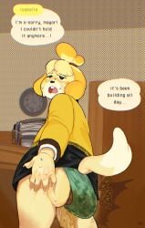 2025 animal_crossing anthro apology bodily_fluids bottomwear buckteeth canid canine canis clothed clothing desperation dialogue domestic_dog english_text feces female genital_fluids hi_res isabelle_(animal_crossing) low-angle_view mammal miniskirt nintendo onomatopoeia panties pooping scat shih_tzu skirt soiling soiling_panties solo sound_effects speech_bubble stinkybuns stuttering sweat sweater sweaty_face talking_to_viewer teeth text topwear toy_dog underwear upskirt urine urine_stream wetting