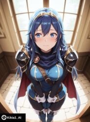 ai_generated big_ass blue_eyes blue_hair female female_focus fire_emblem fisheye fit_female from_above kikia1 legs_together long_hair lucina_(fire_emblem) medium_breasts narrow_waist round_ass skinny slim standing