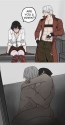 ass black_gloves black_hair blush breasts coat completely_nude dante devil_may_cry devil_may_cry_3 female gloves highres jumpoon lady_(devil_may_cry) no_shirt nude pants red_coat scar scar_on_face scar_on_leg scar_on_nose sex shirt sitting speech_bubble straddling upright_straddle white_hair white_shirt