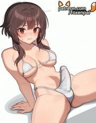 1girls 2025 ai_generated arm_support artist_name balls bikini blush breasts brown_hair bulge bust chest cock dick erection eyebrows_visible_through_hair female foxenpai futanari hi_res high_quality high_resolution highres intersex kono_subarashii_sekai_ni_shukufuku_wo! looking_at_viewer megumin micro_bikini navel patreon patreon_username penis red_eyes short_hair_with_long_locks solo stable_diffusion sweatdrop swimsuit testicles watermark white_bikini