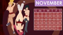 3girls black_hair black_hair_female blonde_female blonde_hair breasts calendar calendar_(medium) calendar_(object) calendar_pinup fishnet_legwear green_eyes half-dressed half_naked half_naked_female indrick_[artist] november_(month) pinup pinup_girls pinup_pose ponytail purple_eyes pyrrha_nikos red_hair red_hair_female ruby_rose rwby silver_eyes skirt yang_xiao_long