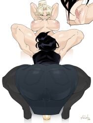 anor3xia armpits arms_up big_ass big_breasts black_hair blonde_hair clothed curvy hidden_dildo incest lesbian_sex licking_pussy naked original original_character riding_dildo sisters thick_thighs twins yuri