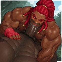 african african_male ai_generated bara black_male brown_body brown_skin dreadlocks dreads male male_only red_hair yaoi