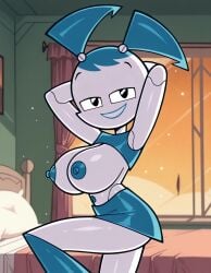 ai_generated arms_behind_head bedroom_background big_breasts blue_lipstick blue_nipples exposed_breasts half-closed_eyes jenny_wakeman miniskirt my_life_as_a_teenage_robot robot_girl shamesquid(artist) shiny smile suggestive_look suggestive_pose