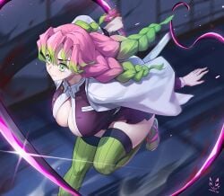 braid breasts cleavage closed_mouth demon_slayer_uniform extra_eyes female gradient_hair green_eyes green_hair green_thighhighs highres holding holding_sword holding_weapon kanroji_mitsuri kimetsu_no_yaiba large_breasts mole mole_under_each_eye mole_under_eye motion_blur multicolored_hair multiple_braids multiple_moles pink_hair running sandals shadow_cat shadow_cat_(yingmiao) smile solo sword thighhighs thighs weapon whip_sword zouri