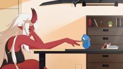 akumi bare_shoulders breasts closed_eyes demon_girl female horns indoors long_hair oni oni_horns pointy_ears profile red_oni red_skin sitting solo tagme video vyugen weapon white_hair